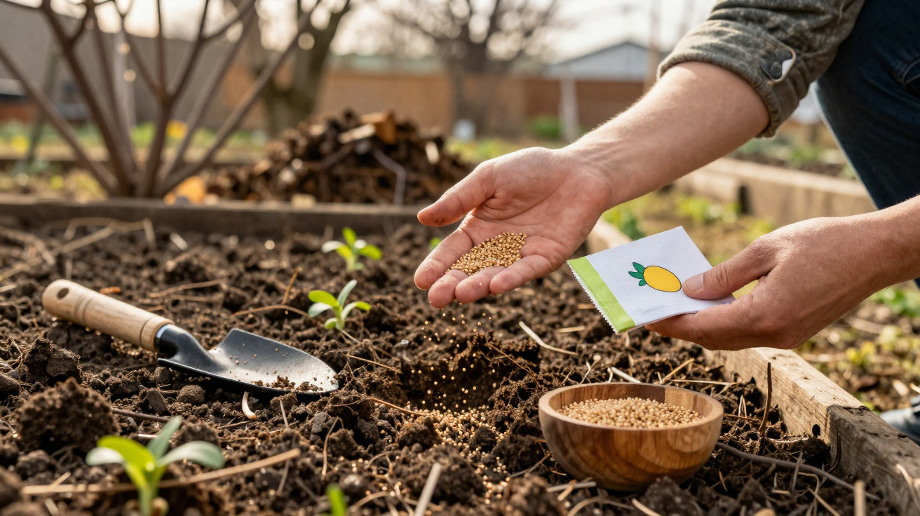 Person sowing seeds from a packet into soil in a garden bed with a small trowel nearby.