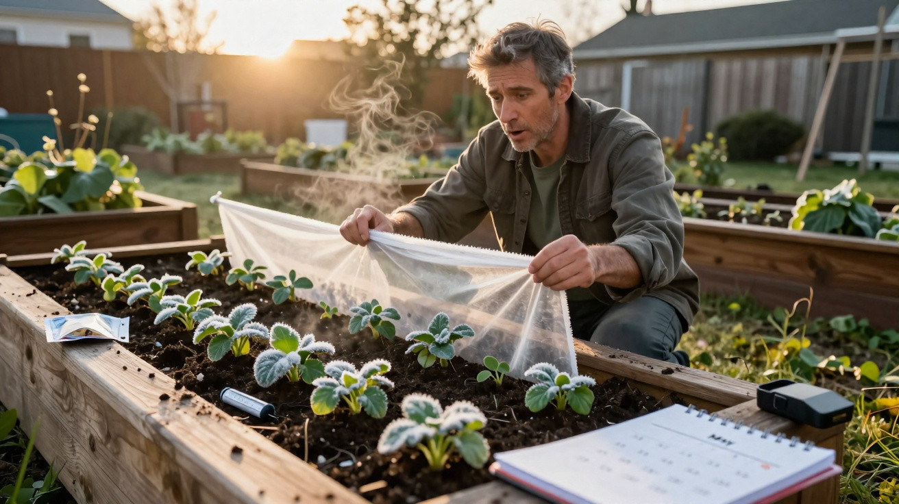Man covering frosty strawberry plants with protective mesh in raised garden bed at sunset.