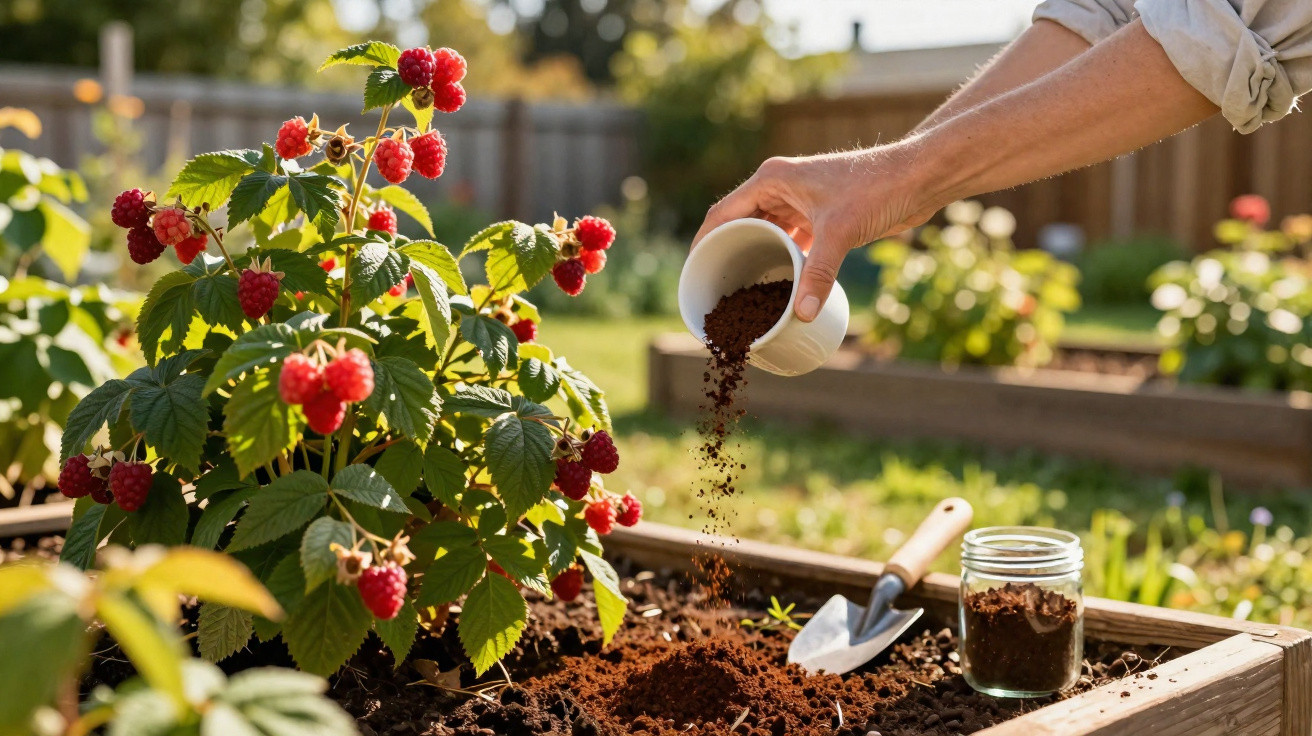 A person sprinkling coffee grounds onto soil beside a raspberry plant in a garden bed.