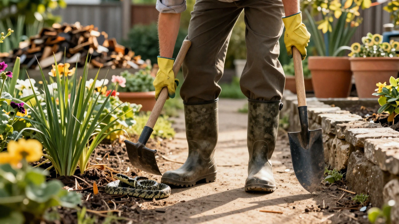 Person in gardening gloves and boots holding tools near a snake in a flower garden.