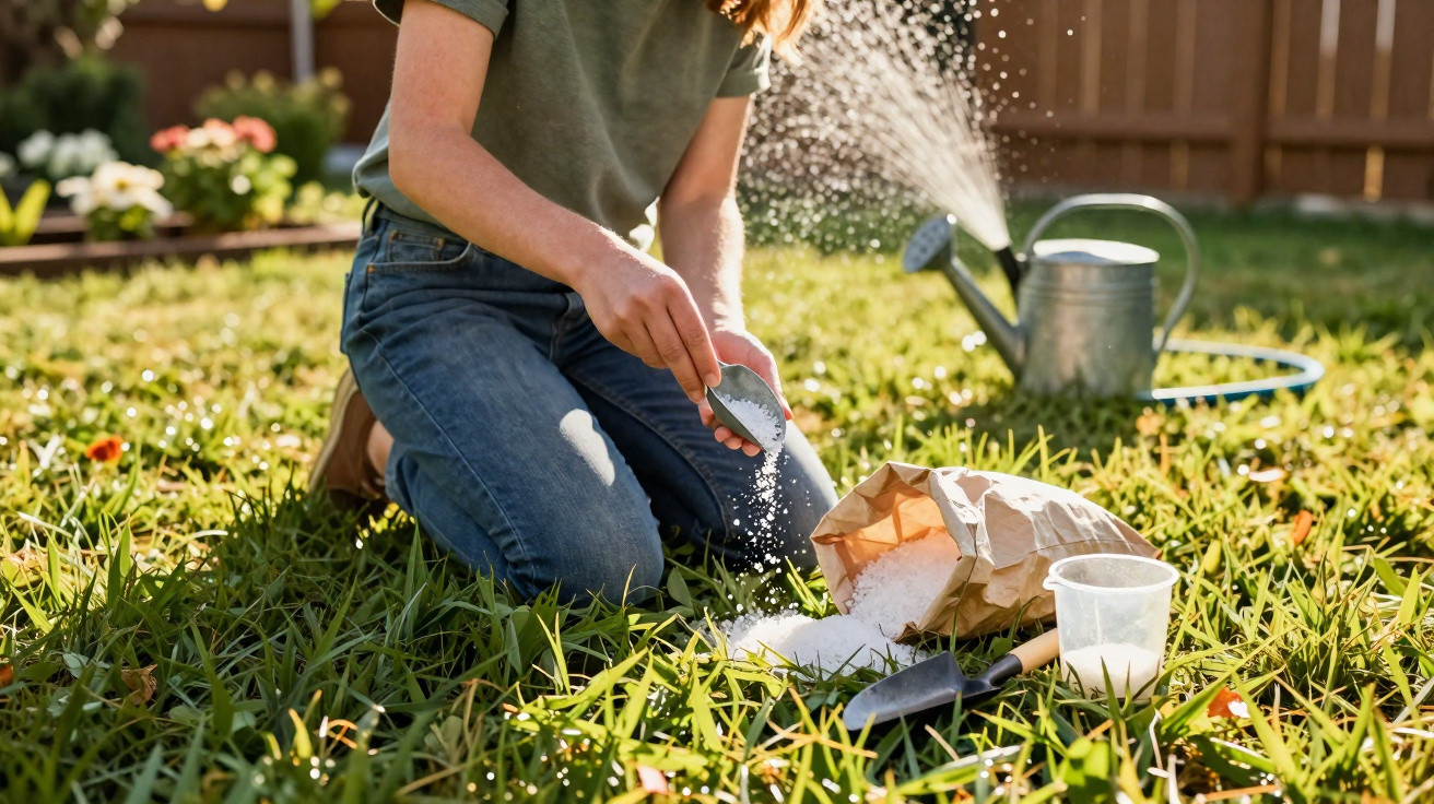 Person kneeling on grass sprinkling fertilizer with watering can and gardening tools nearby in sunlight.