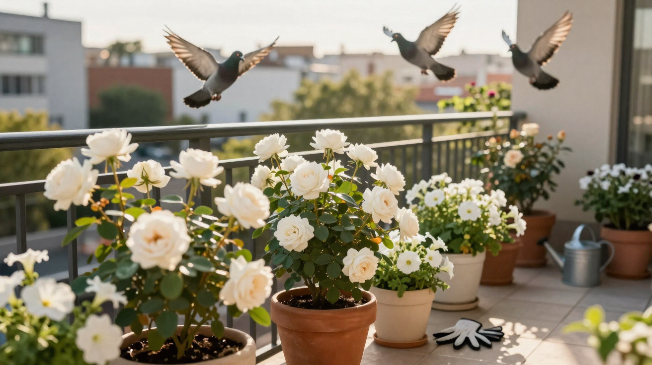 Three pigeons flying over a balcony with white potted flowers and gardening tools in sunlight.
