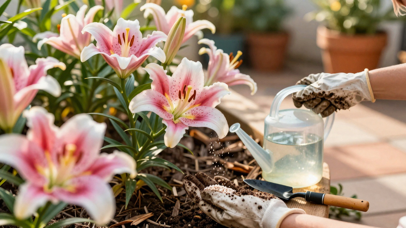 Gloved hands sprinkling fertilizer on soil next to pink lilies with a watering can nearby in a garden.