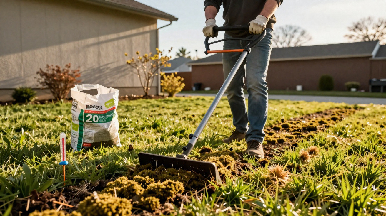 Person using a tiller to cultivate soil in a garden with grass and plants around under sunlight.