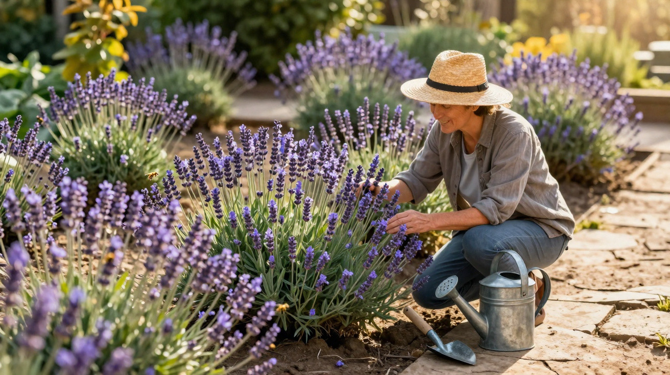 Woman in a straw hat tending to blooming lavender plants in a sunlit garden path with watering can and trowel.