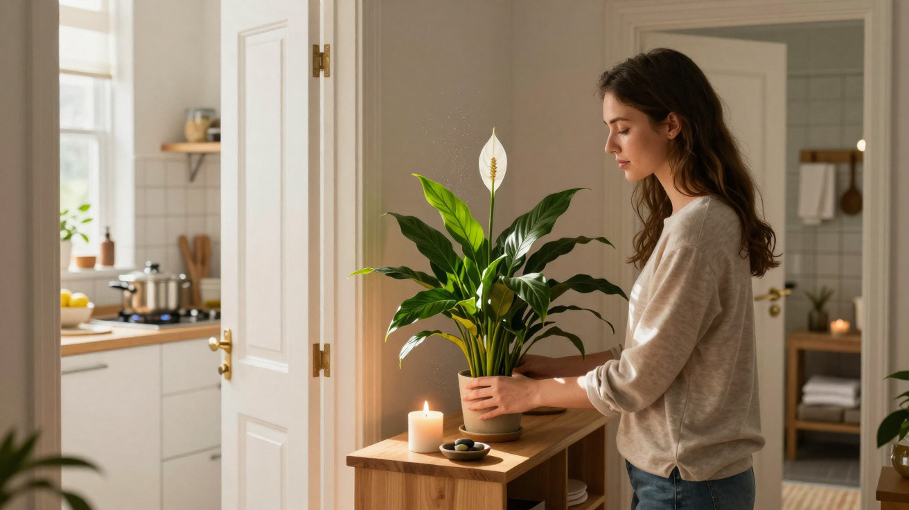 Woman arranging a potted peace lily on a wooden shelf next to a lit candle in a cosy, well-lit home.