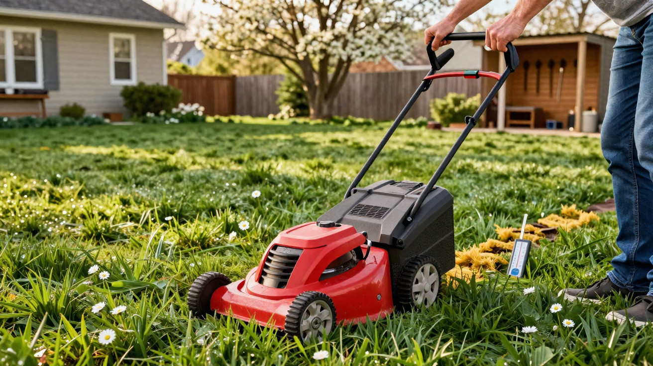 Person mowing a green lawn with a red and black electric lawn mower on a sunny day.