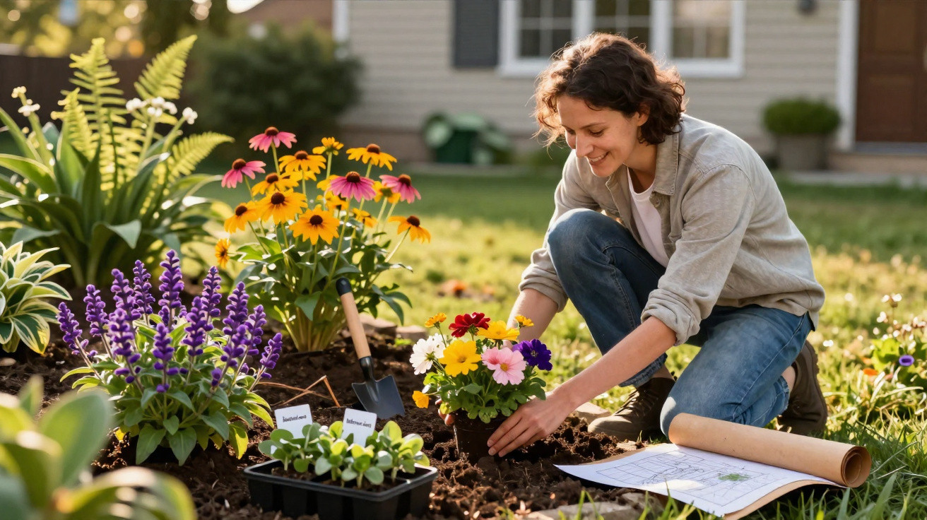 Woman planting colourful flowers in a sunlit garden with gardening tools and plans nearby.