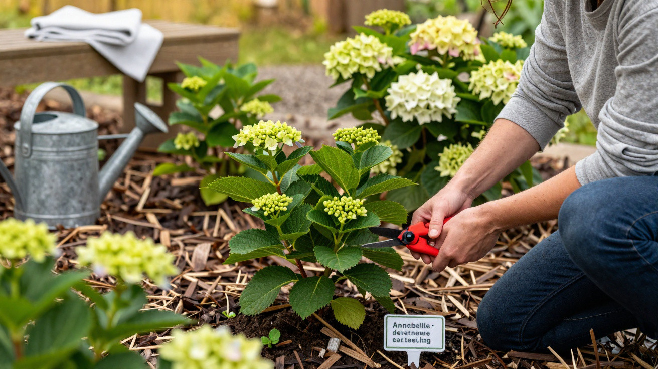 Person pruning Annabelle hydrangea plants in a garden with mulch and a watering can nearby.