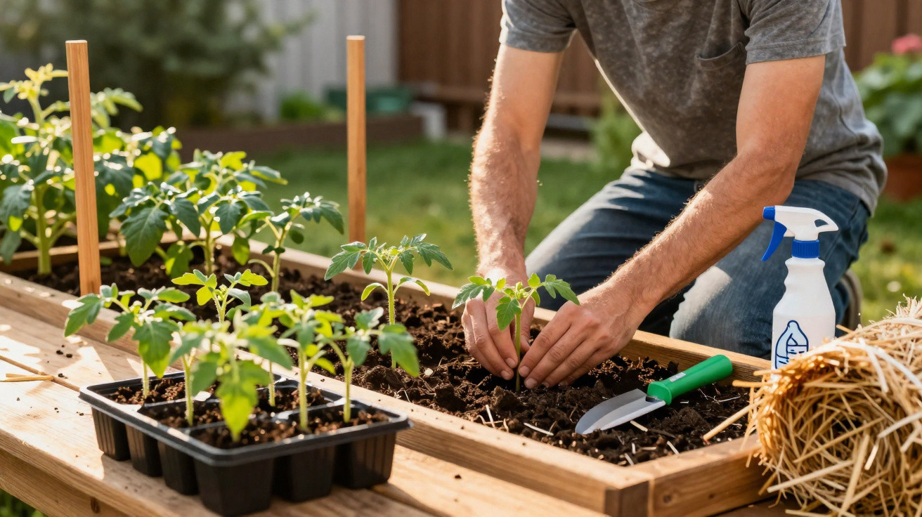 Person planting young tomato seedlings in a raised wooden garden bed outdoors on a sunny day.