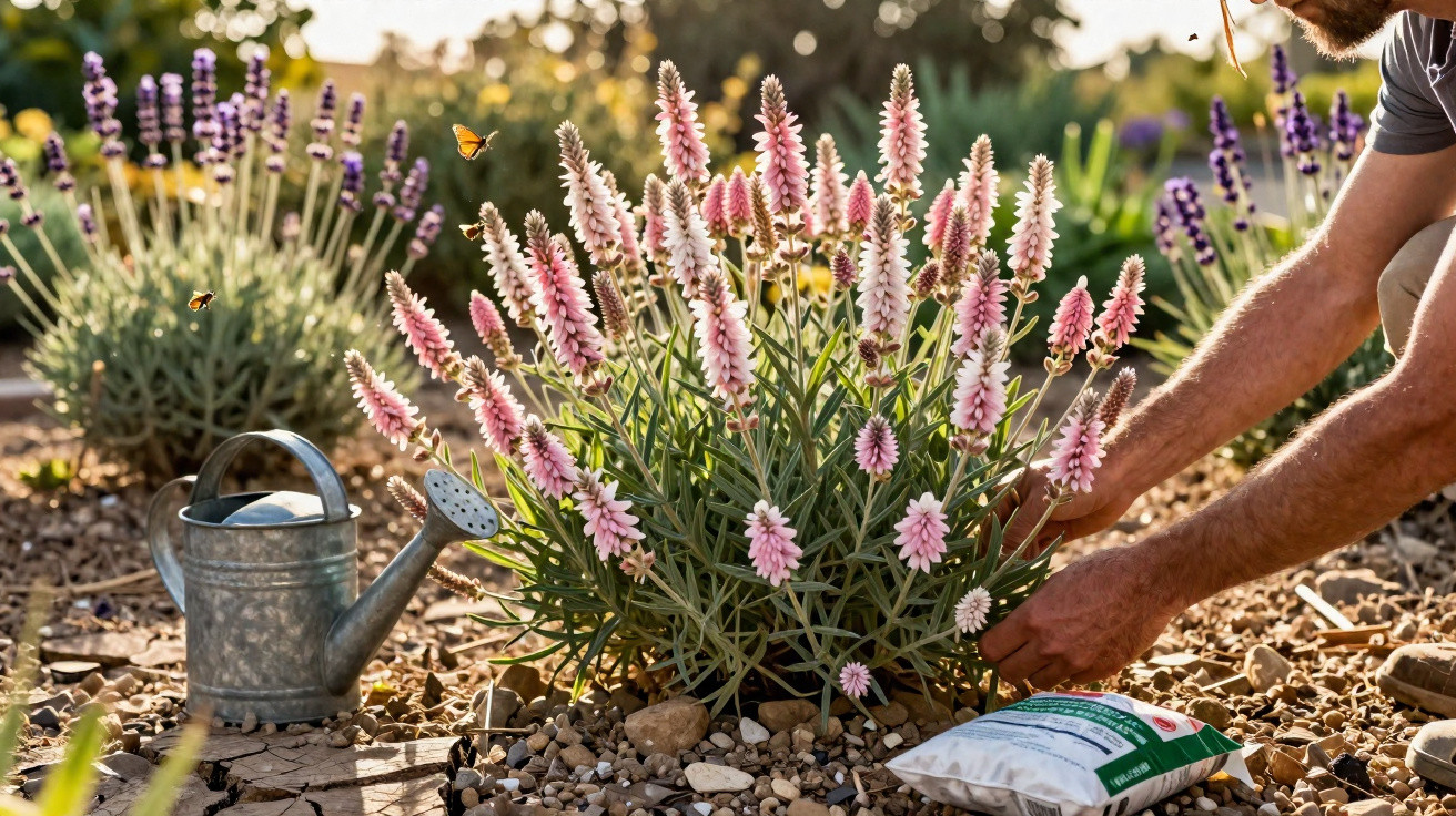 Person planting pink and white flowers in a garden with a watering can and seed packet on rocky soil.