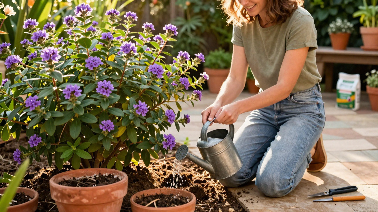 Woman watering soil near a blooming purple-flowered bush in a sunny garden patio.