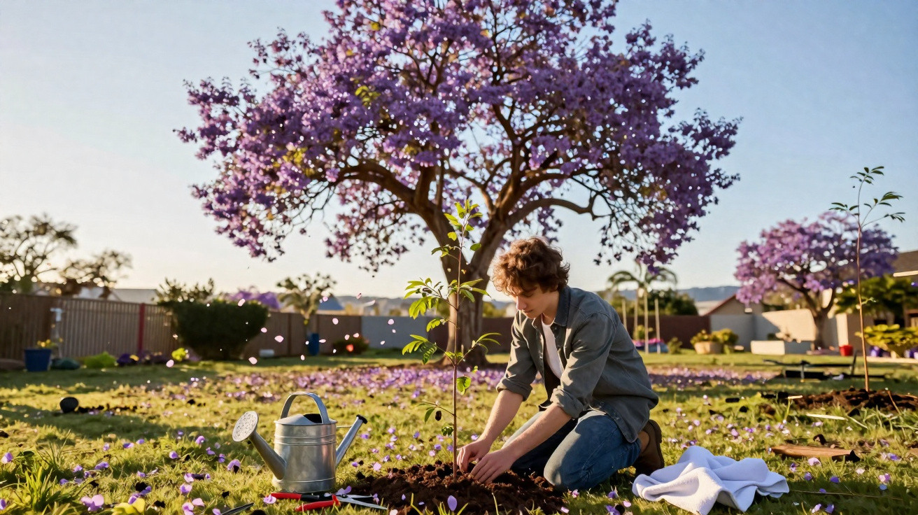 Person planting a young tree under a blooming purple tree in a sunny garden.