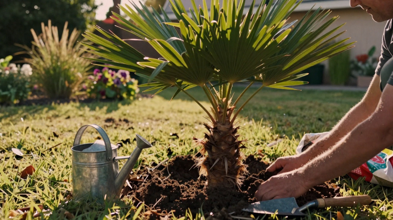 Hands planting a small palm tree in soil outdoors with a watering can and garden trowel nearby.