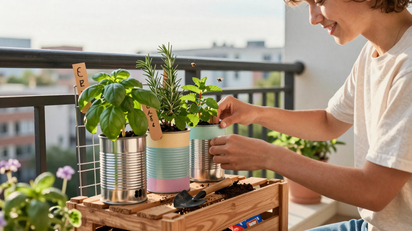 Person tending to potted herb plants on a balcony garden with city buildings in the background.