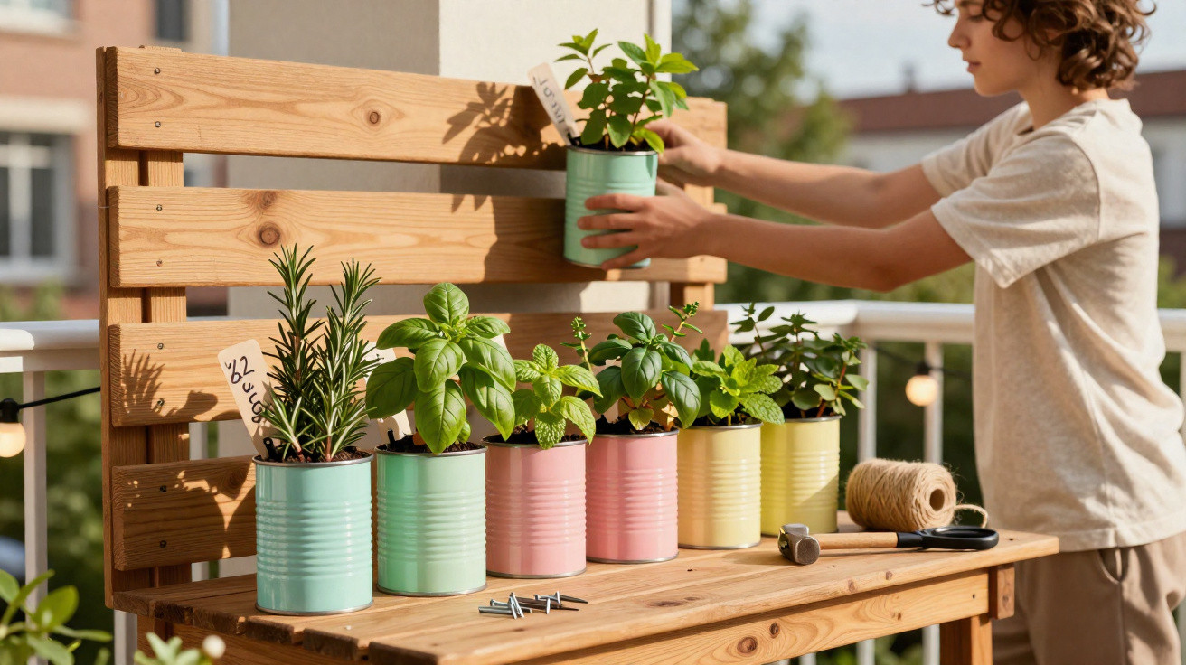 Child arranging herb plants in coloured tin pots on a wooden balcony garden shelf on a sunny day