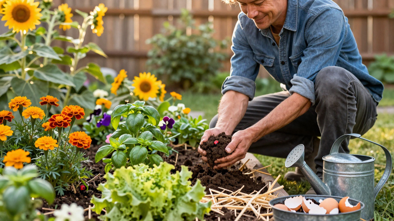Person gardening with soil, surrounded by flowers, lettuce, watering can, and eggshells in a sunny backyard.