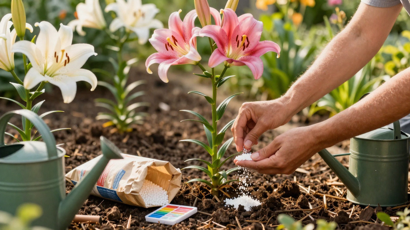 Hands fertilising pink lilies in a garden bed with white lilies and watering cans nearby.