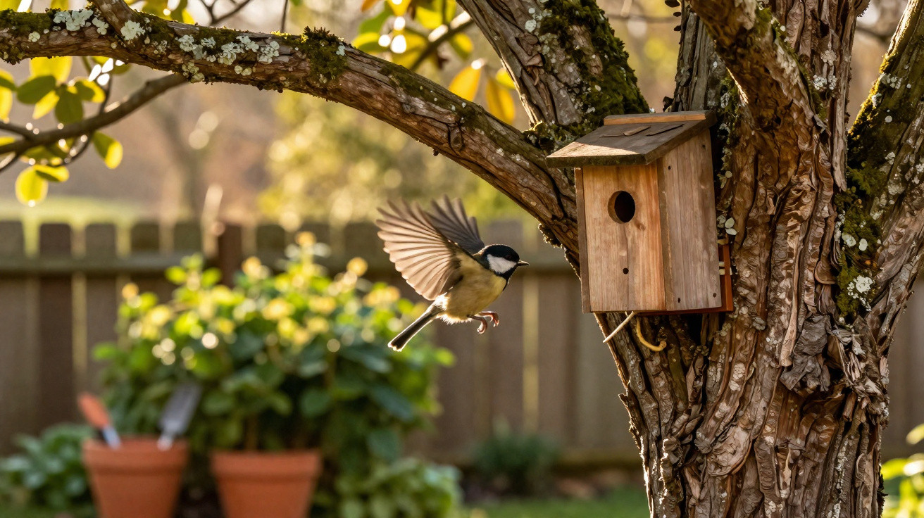Great tit bird flying towards a wooden birdhouse on a tree branch in a sunlit garden.