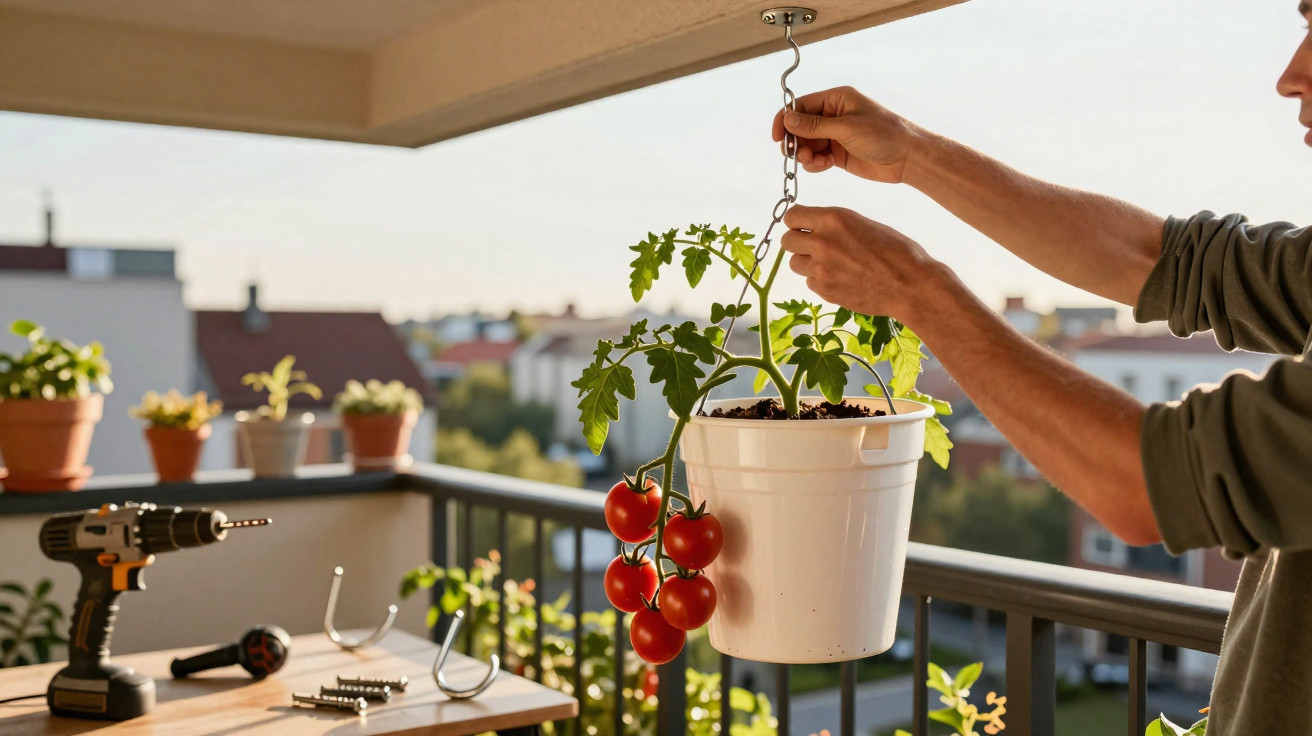 Person hanging a white pot with a tomato plant bearing ripe tomatoes on a balcony hook during daylight.