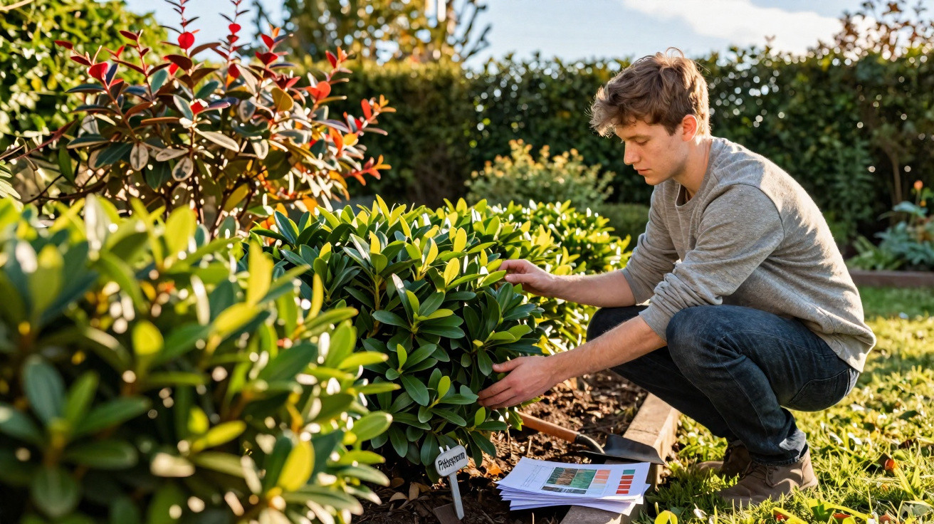 Young man examining green shrubbery in garden with plant care notes on the ground beside him.