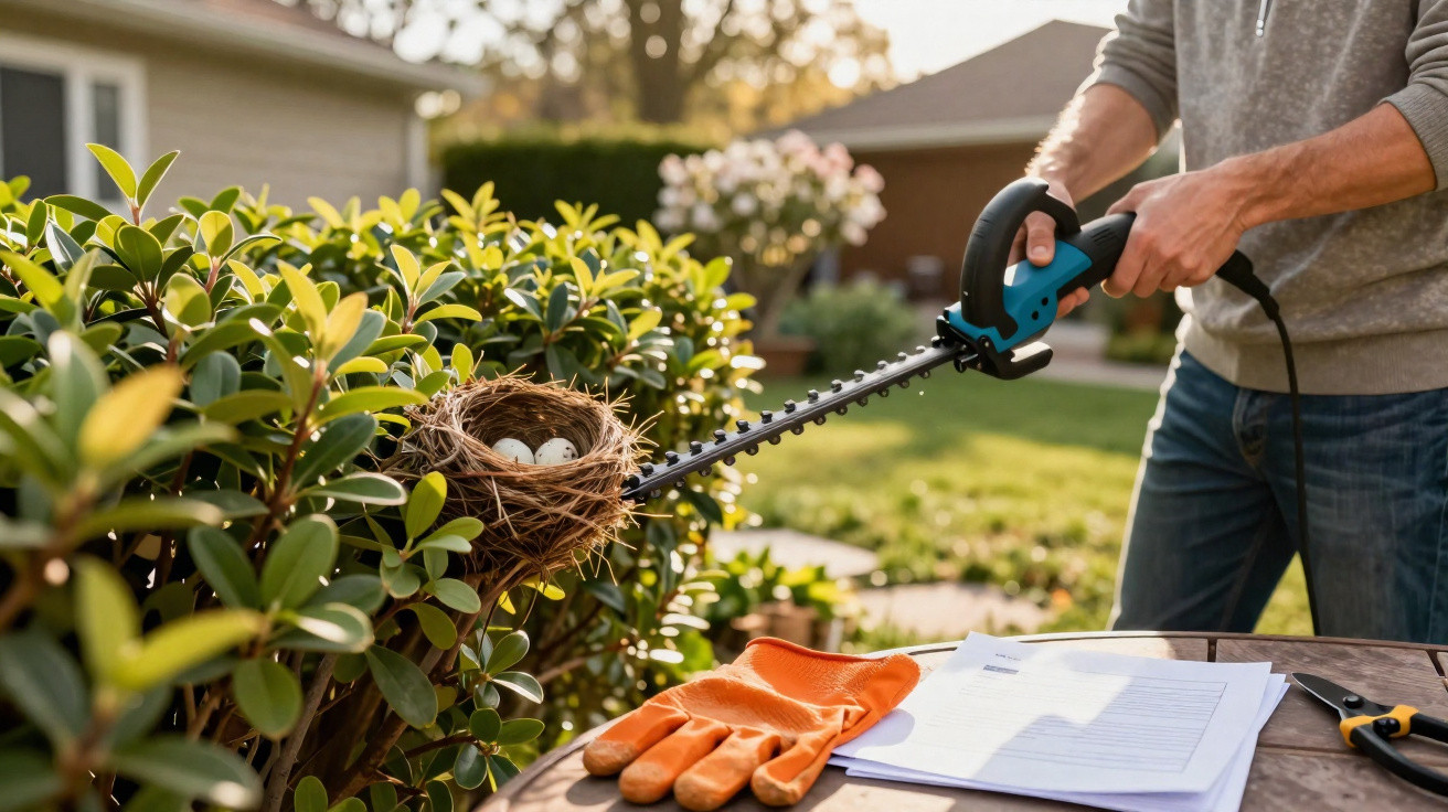 Person carefully removing a bird nest with eggs from hedge using electric hedge trimmer extension.
