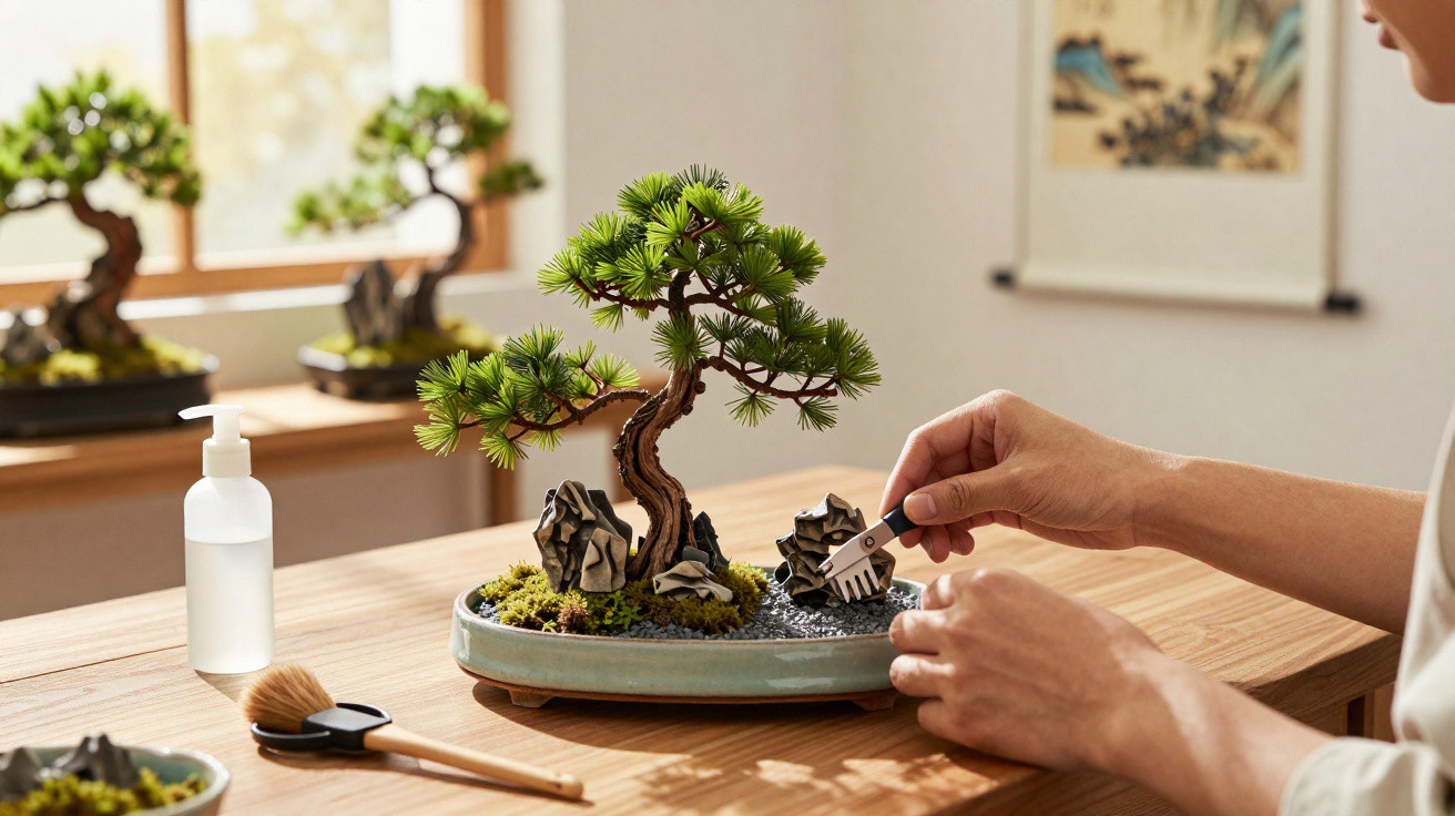 Person shaping a small bonsai tree on a wooden table with miniature rocks and gardening tools nearby.
