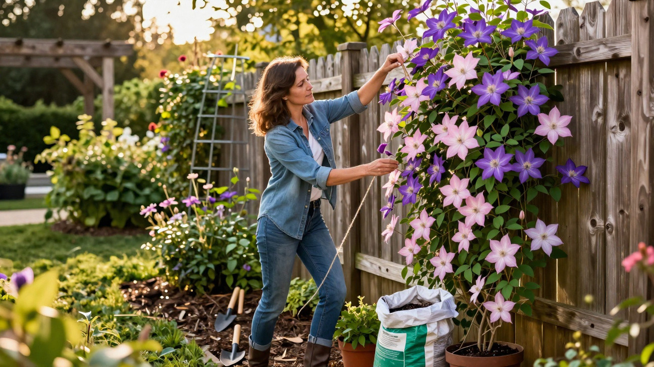 Woman in denim clothes tying pink and purple clematis flowers to a wooden fence in a garden.