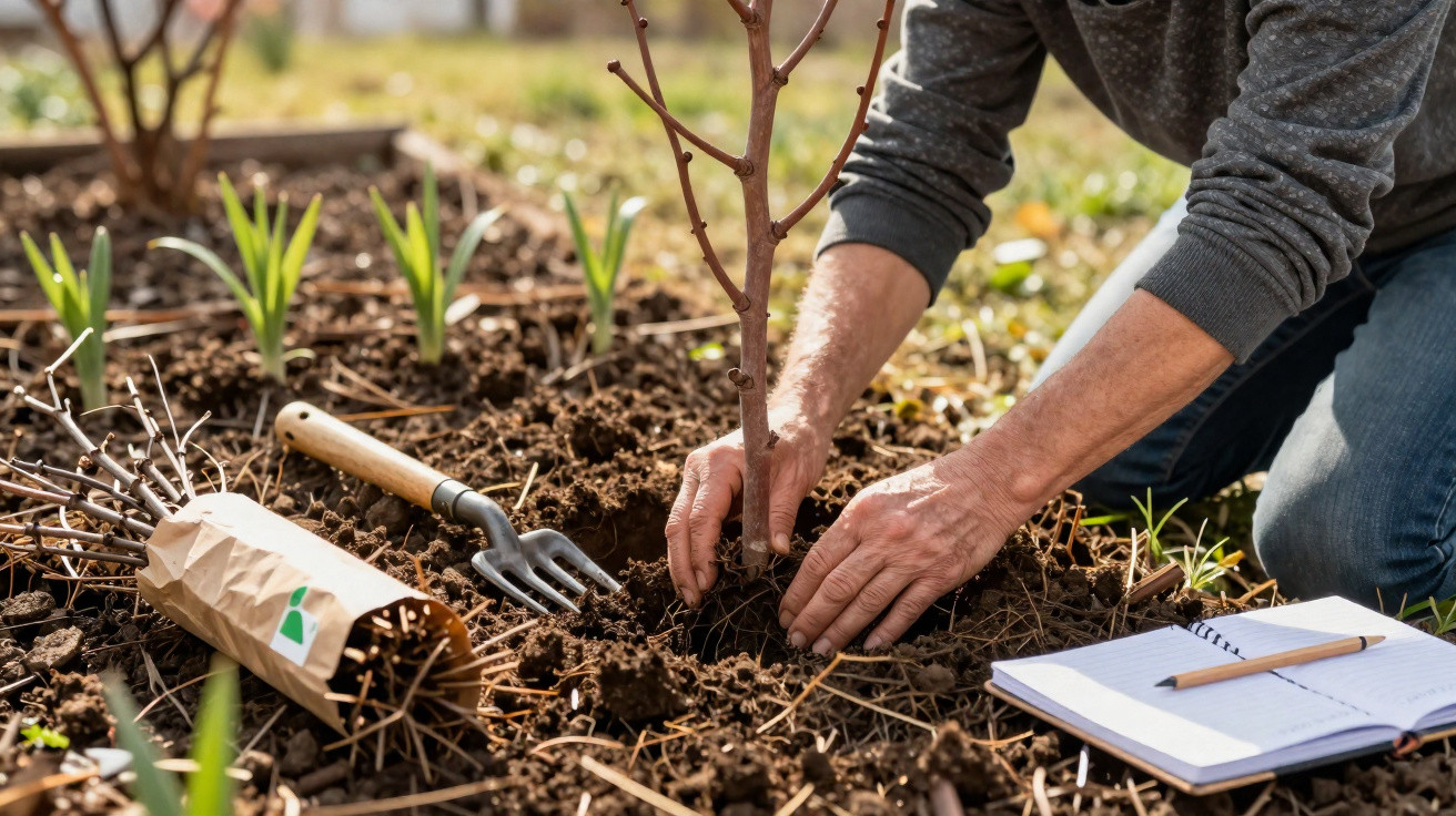 Person planting a young tree in soil with gardening tools and a notebook nearby in a garden.
