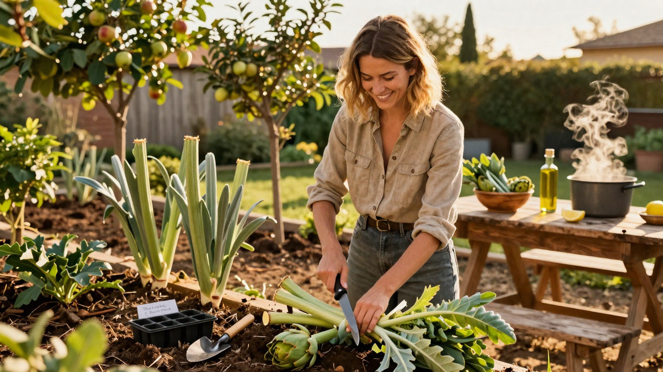 Woman harvesting fresh artichokes in a sunny garden with steaming pot on wooden picnic table nearby.