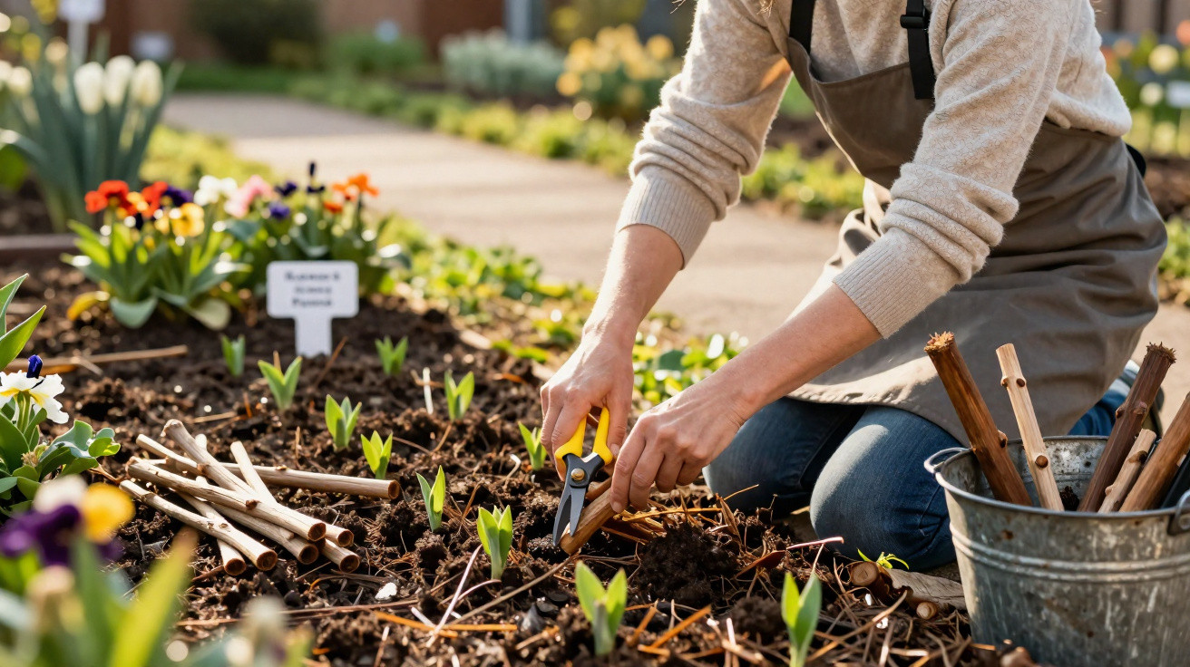 Person pruning young plants in a garden bed, surrounded by flowers and gardening tools on a sunny day.