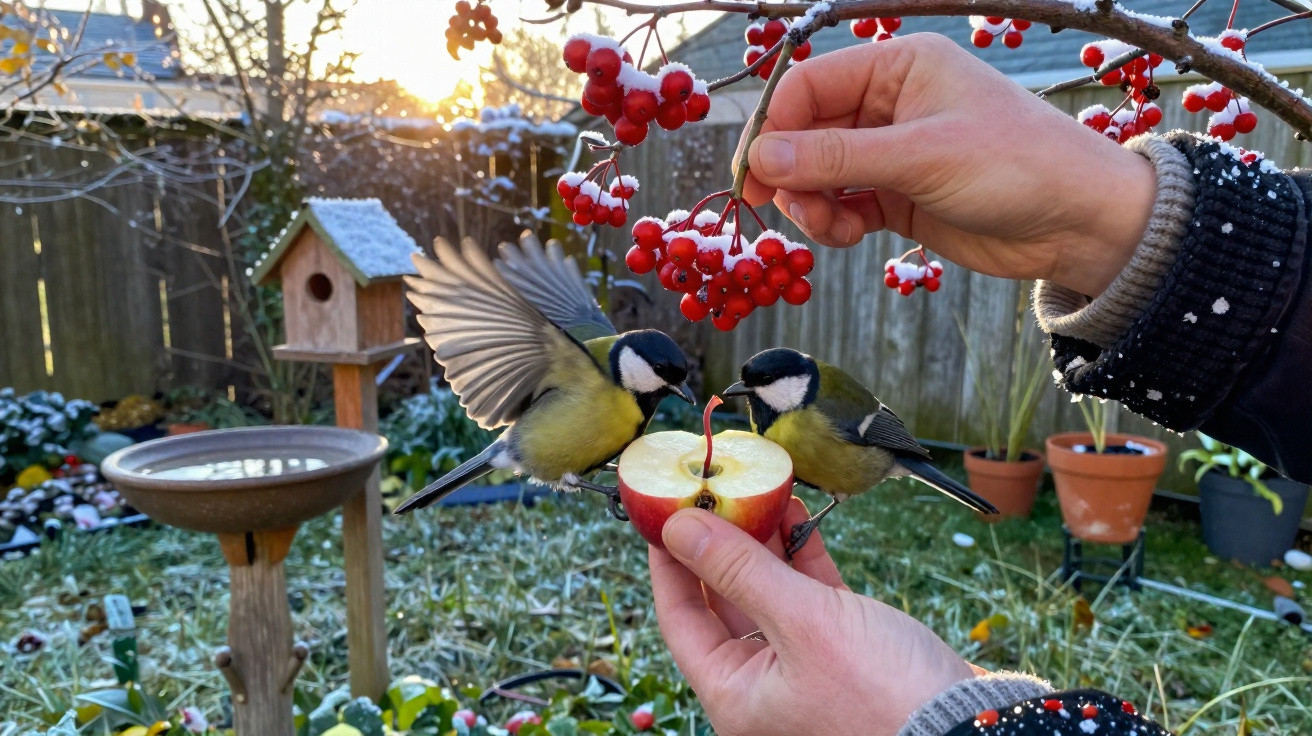 Two great tits pecking at an apple held by hands with red berries above in a frosty garden.