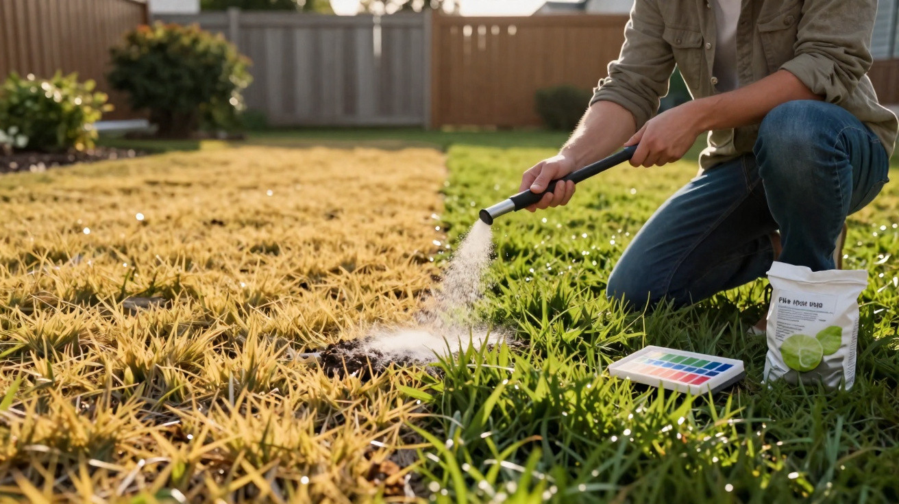 Person kneeling on green grass, spraying white powder on a patch of yellow, dead grass in a garden.