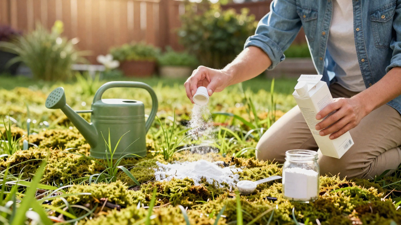 Person sprinkling white powder on garden moss with a green watering can nearby in a backyard setting.