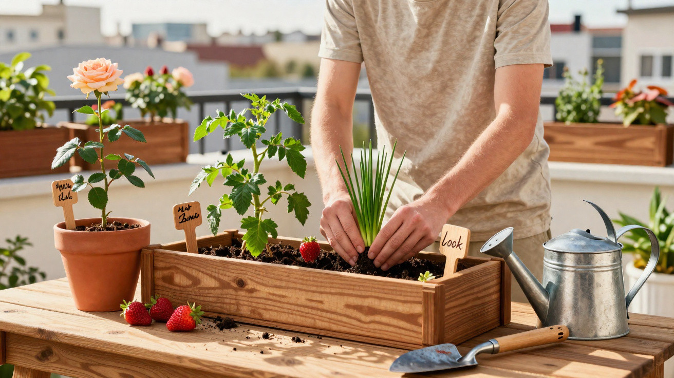 Person planting herbs in a wooden planter box on a balcony with gardening tools and strawberries nearby.