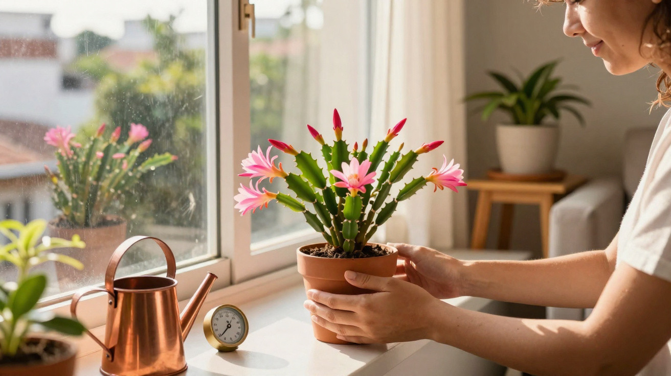 Person holding a terracotta pot with a blooming pink Christmas cactus by a sunny windowsill.