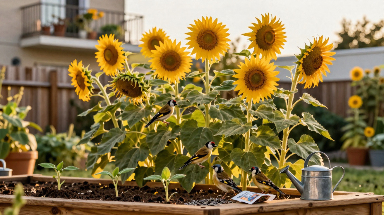Sunflowers blooming in a garden bed with goldfinches and a metal watering can in a backyard setting.