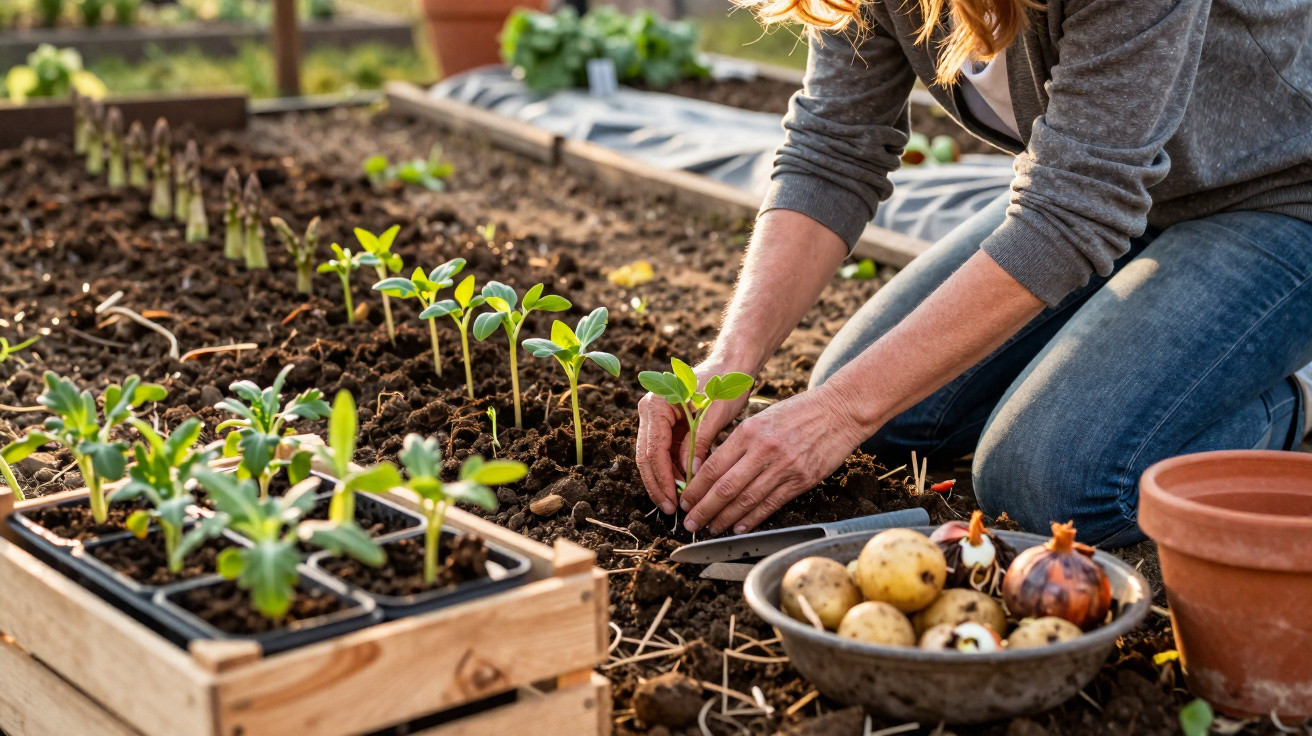 Person planting young seedlings in soil in a garden bed with potatoes and onions nearby in a bowl.
