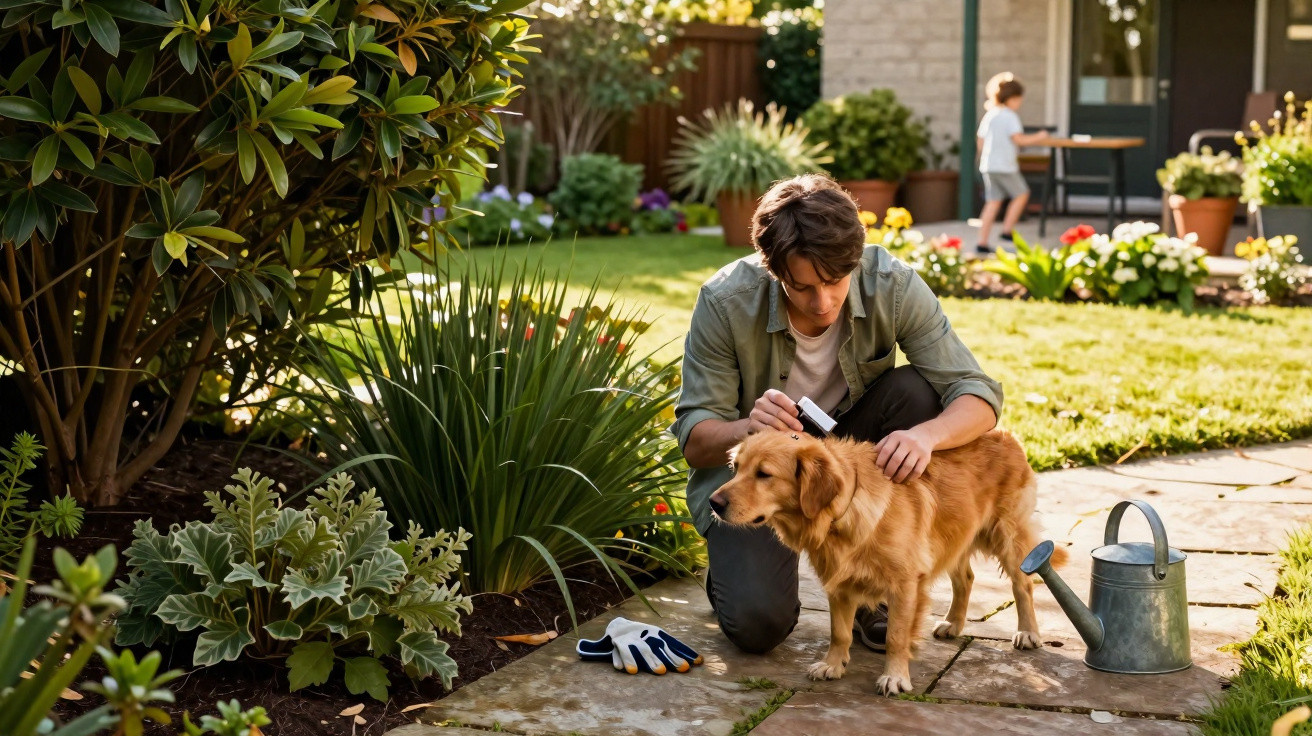 Man grooming a golden retriever in a sunny garden with a child playing in the background.