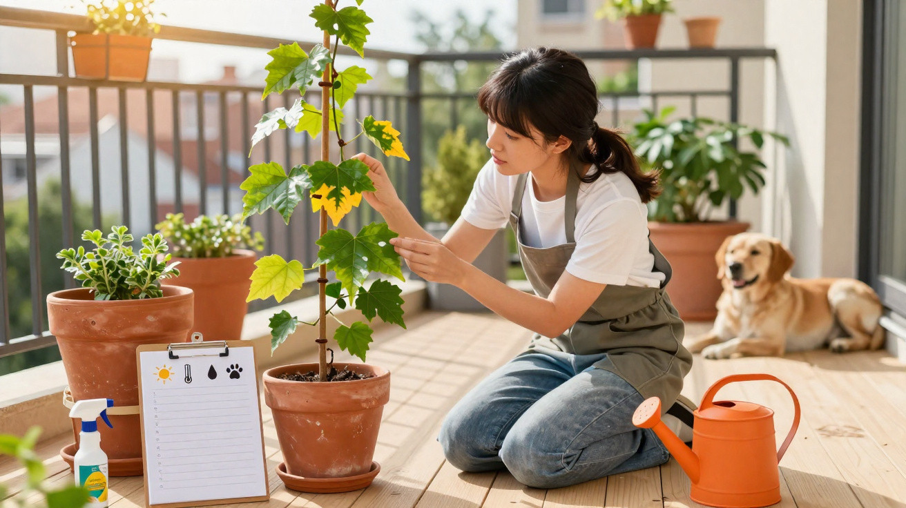 Woman in an apron tending to potted plants on a balcony with a dog lying nearby and a watering can beside her.