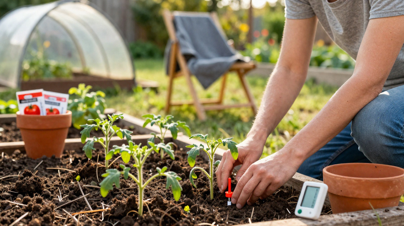 Person planting young tomato seedlings in a garden bed with gardening tools and chair in the background.