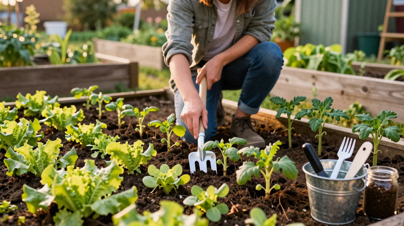 Person tending to young vegetable plants in a raised garden bed using a hand cultivator tool.
