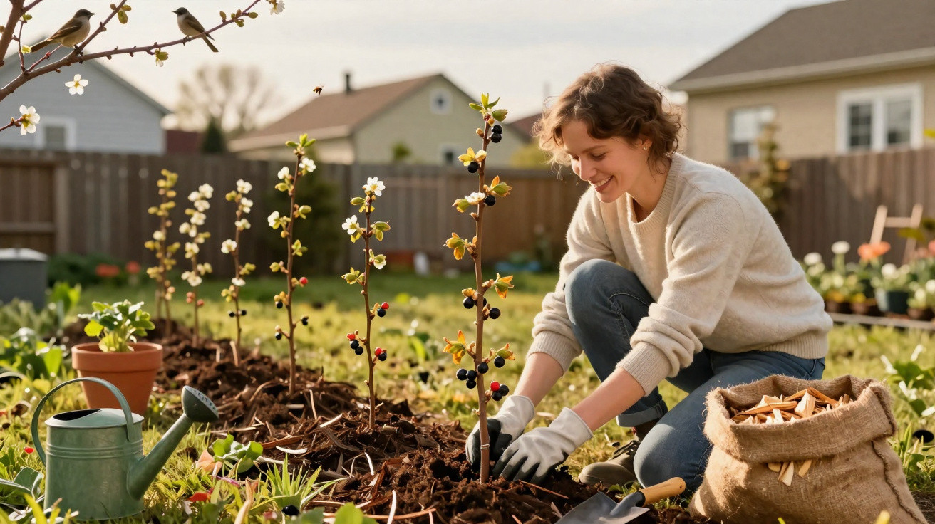 Woman planting a young berry bush in a garden bed on a sunny day with gardening tools nearby.