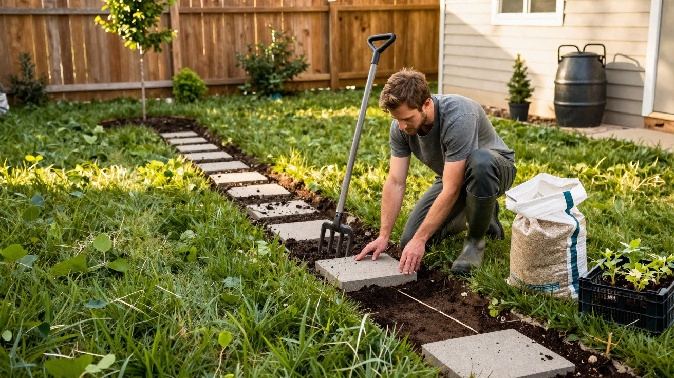 Man installing concrete stepping stones in a garden path beside a wooden fence in daylight.