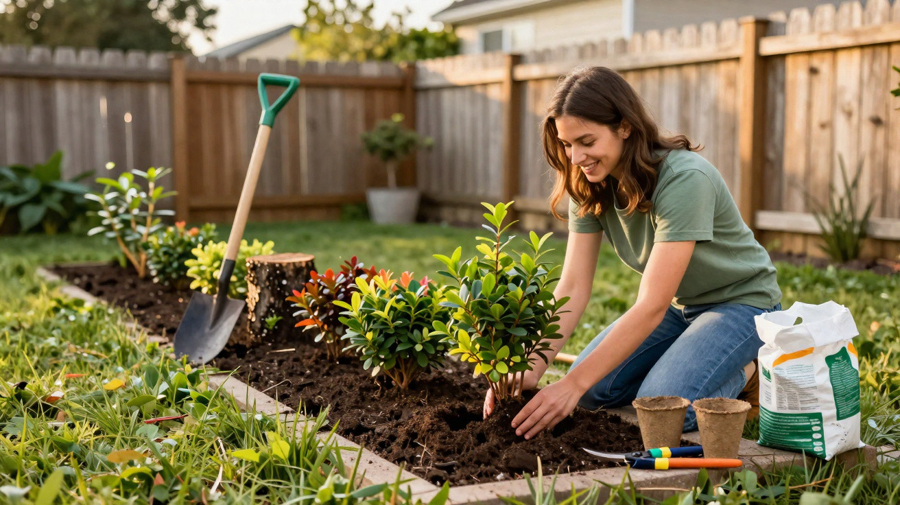 Woman kneeling and planting shrubs in a garden bed with gardening tools and soil bag nearby.