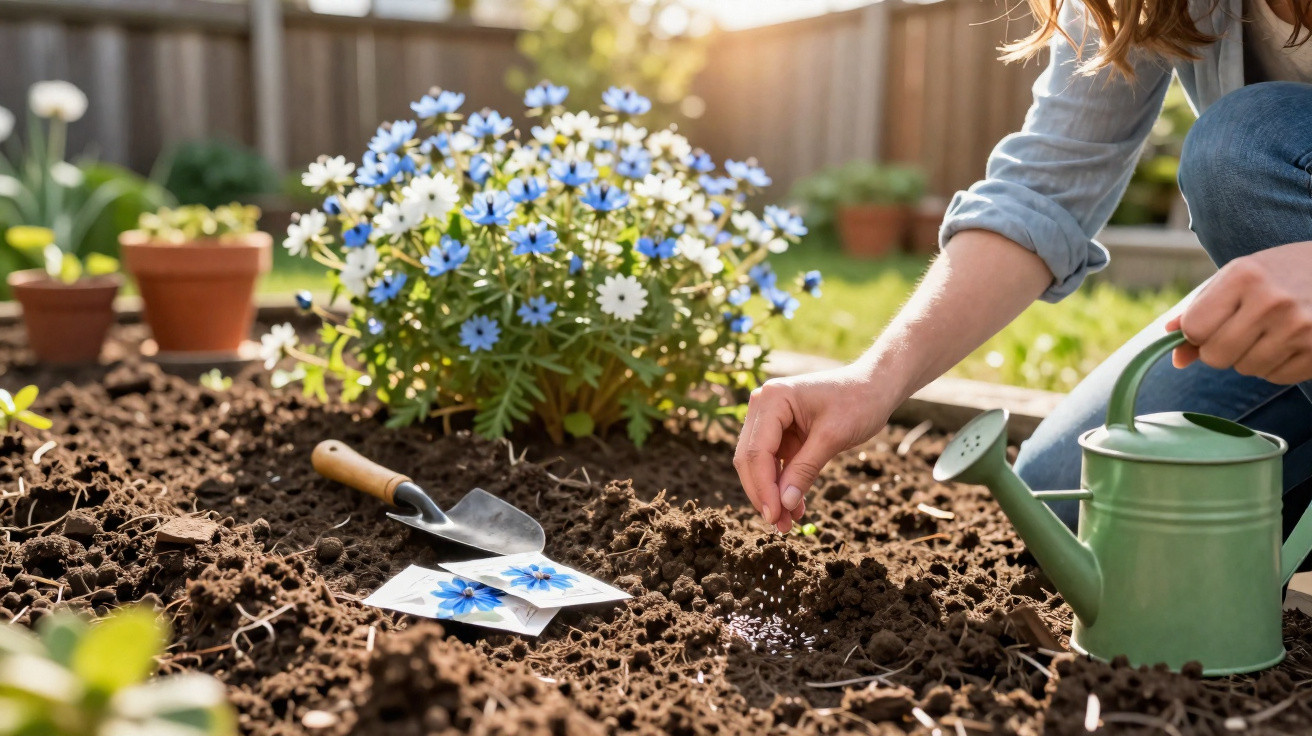 Person planting seeds in soil with a green watering can, flowers, and gardening tools nearby in a sunny garden.