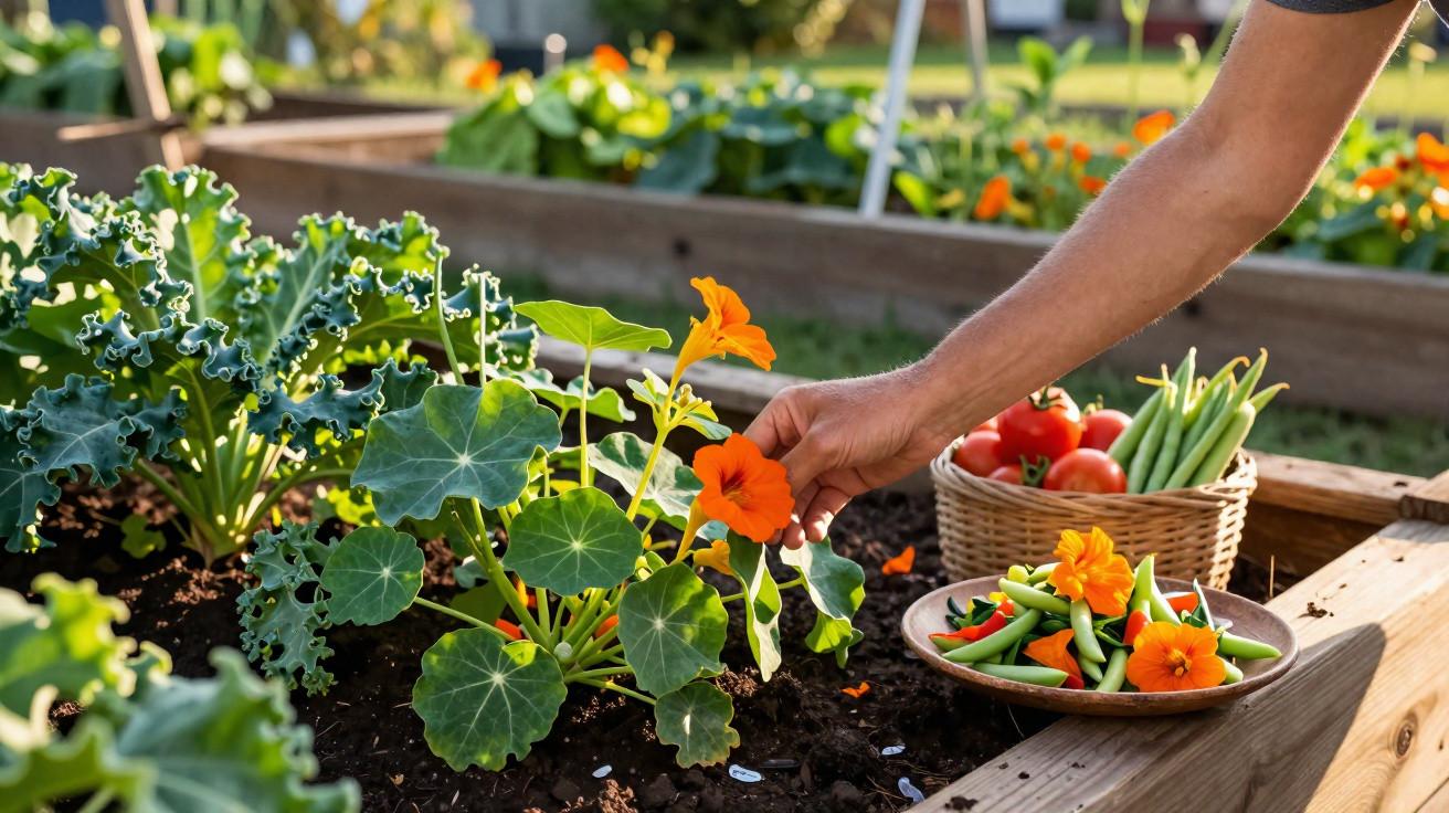 Hand picking orange flowers from a raised garden bed beside a plate and basket of fresh vegetables.