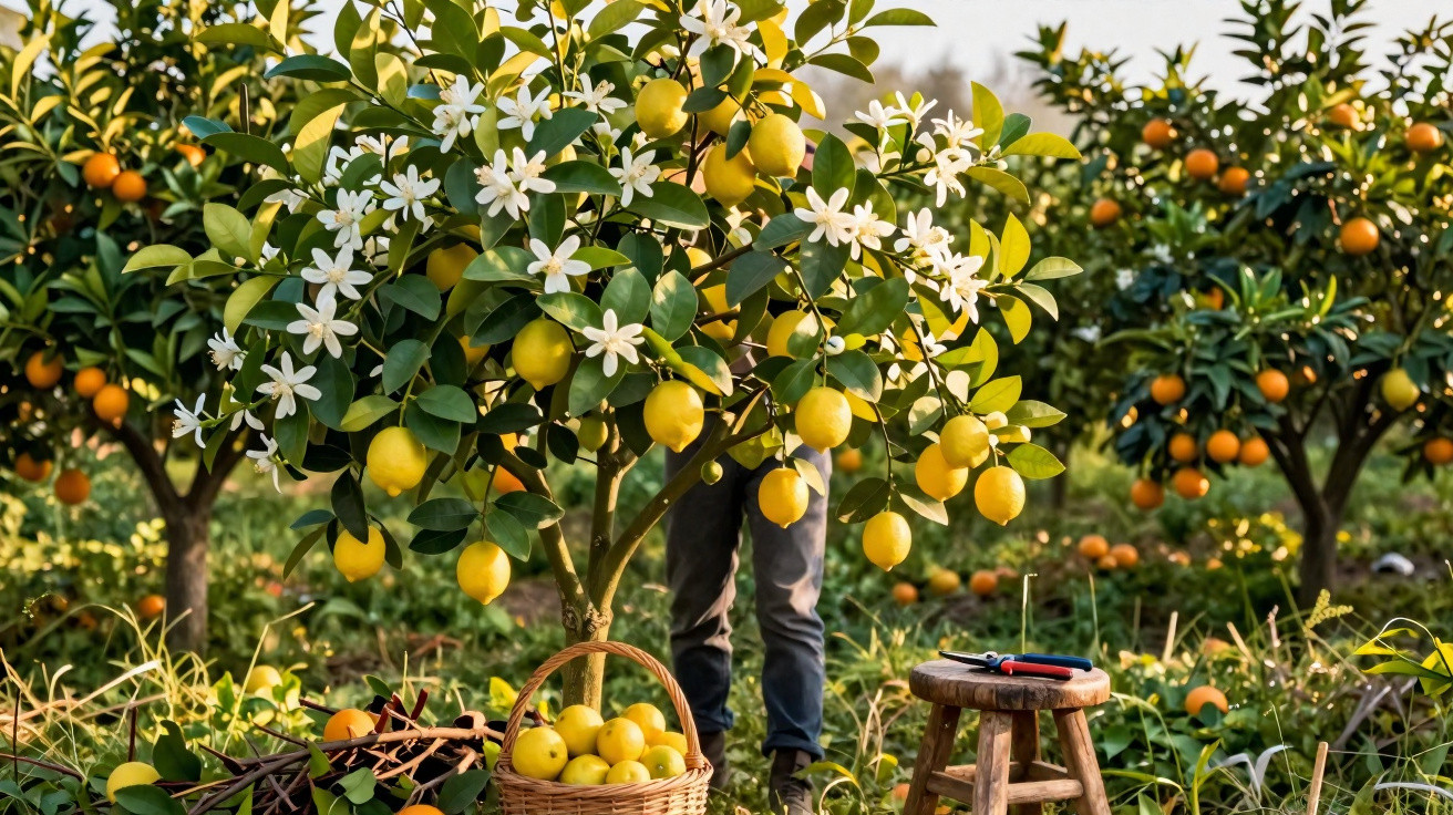 Person harvesting ripe lemons from a tree with white flowers in an orchard, basket and tools nearby.