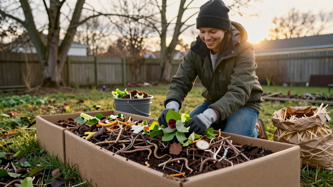Person wearing a beanie and gloves arranging seedlings in a cardboard garden bed outdoors at sunset.