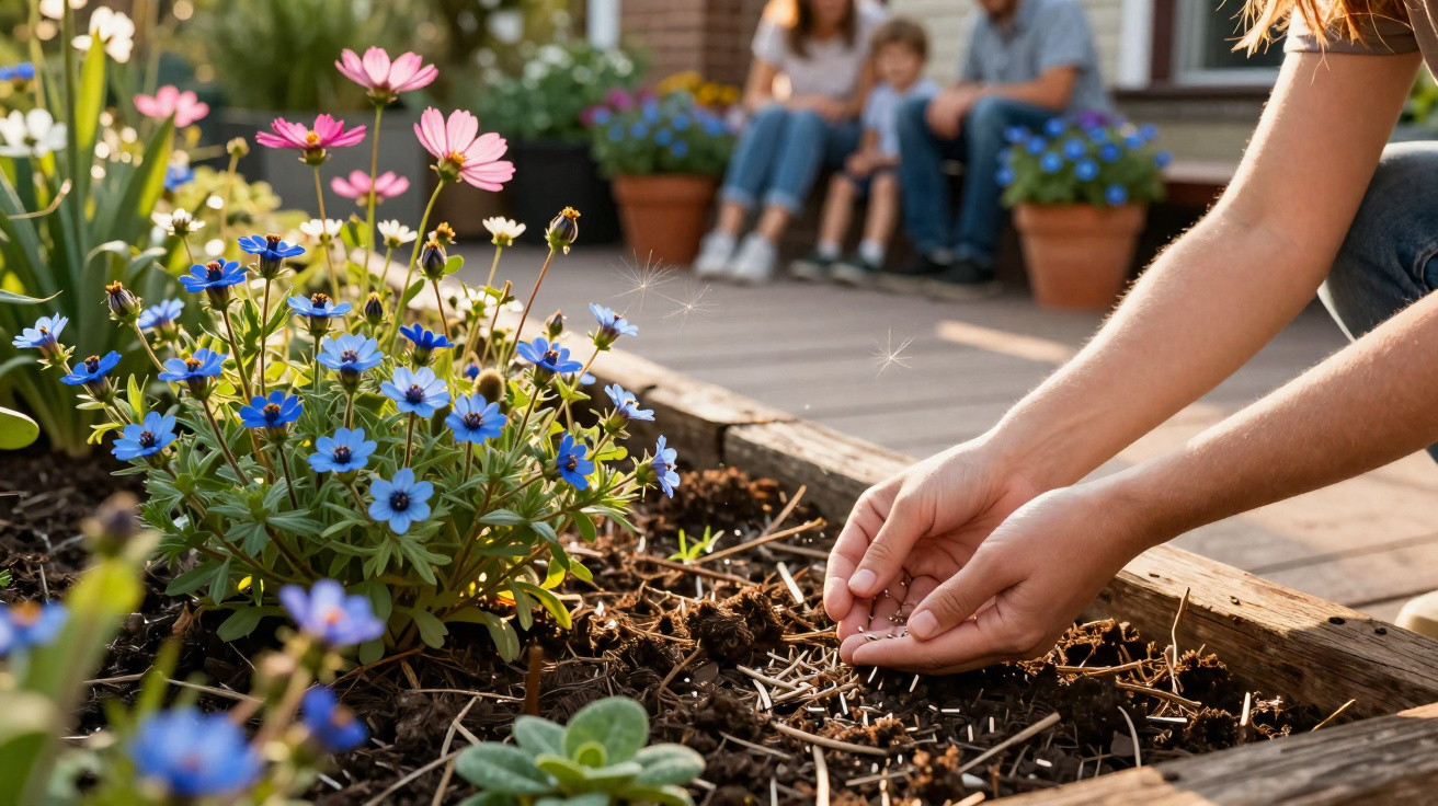 Hands planting seeds in soil with blooming blue and pink flowers and a family sitting on a porch in the background.